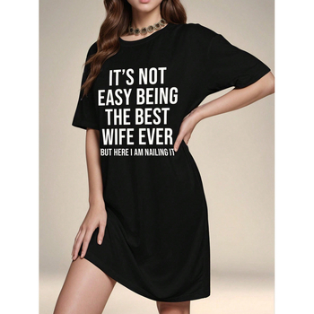 Rochie casuală de zi pentru femei cu imprimeu slogan; poliester; imprimeu cu litere/text; lungime medie; croială A-line; guler rotund