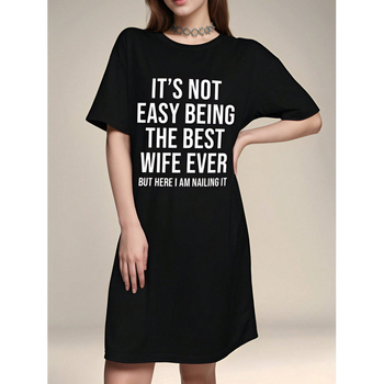 Rochie casuală de zi pentru femei cu imprimeu slogan; poliester; imprimeu cu litere/text; lungime medie; croială A-line; guler rotund