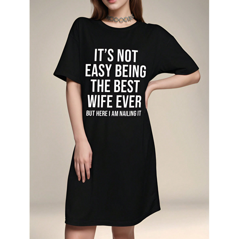 Rochie casuală de zi pentru femei cu imprimeu slogan; poliester; imprimeu cu litere/text; lungime medie; croială A-line; guler rotund