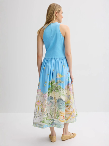 Duga haljina s cvjetnim printom, elastičan pojas, poliester-spandeks smjesa, bez rukava, silueta kišobrana