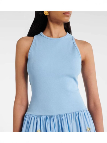 Duga haljina s cvjetnim printom, elastičan pojas, poliester-spandeks smjesa, bez rukava, silueta kišobrana