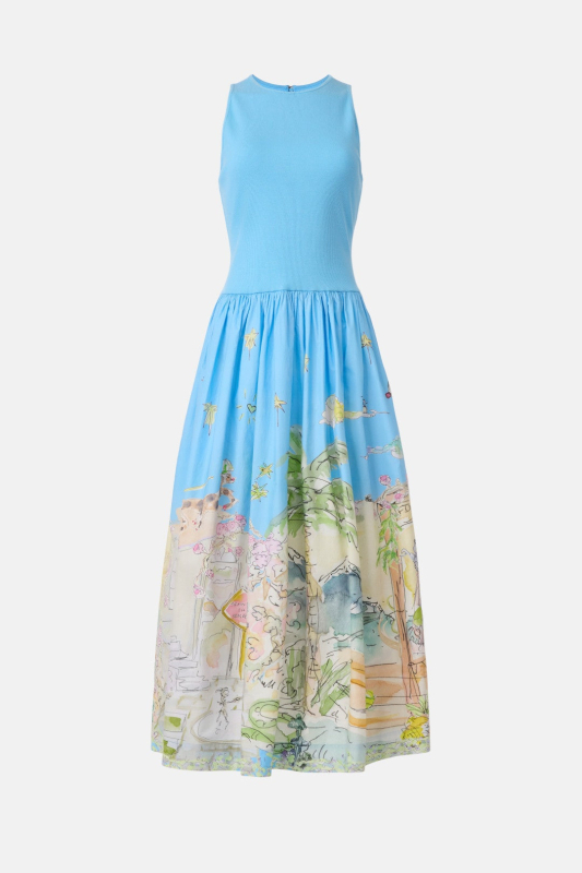 Duga haljina s cvjetnim printom, elastičan pojas, poliester-spandeks smjesa, bez rukava, silueta kišobrana