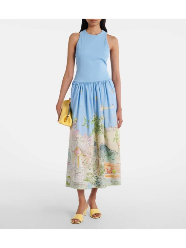 Duga haljina s cvjetnim printom, elastičan pojas, poliester-spandeks smjesa, bez rukava, silueta kišobrana