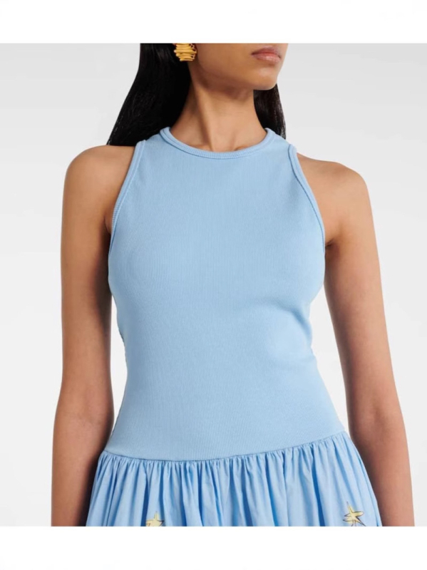 Duga haljina s cvjetnim printom, elastičan pojas, poliester-spandeks smjesa, bez rukava, silueta kišobrana