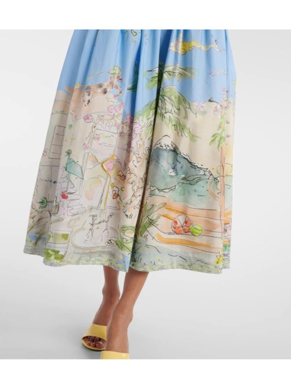 Duga haljina s cvjetnim printom, elastičan pojas, poliester-spandeks smjesa, bez rukava, silueta kišobrana