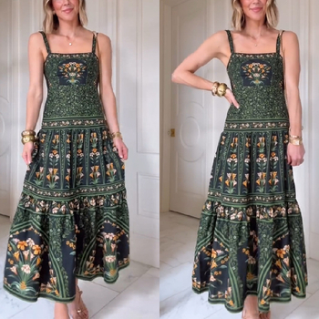 Ženska haljina s bretele - poliester, otisak, visoki struk, bez rukava, srednja duljina