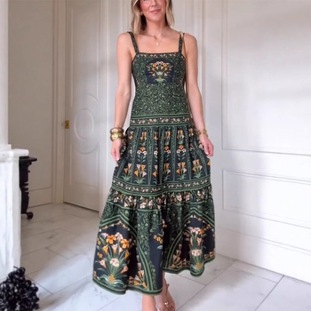 Ženska haljina s bretele - poliester, otisak, visoki struk, bez rukava, srednja duljina