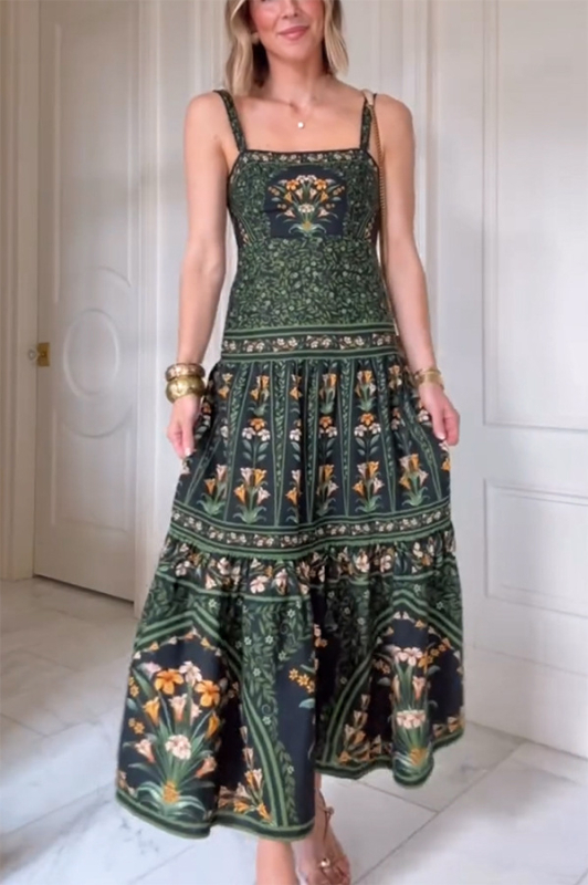 Ženska haljina s bretele - poliester, otisak, visoki struk, bez rukava, srednja duljina