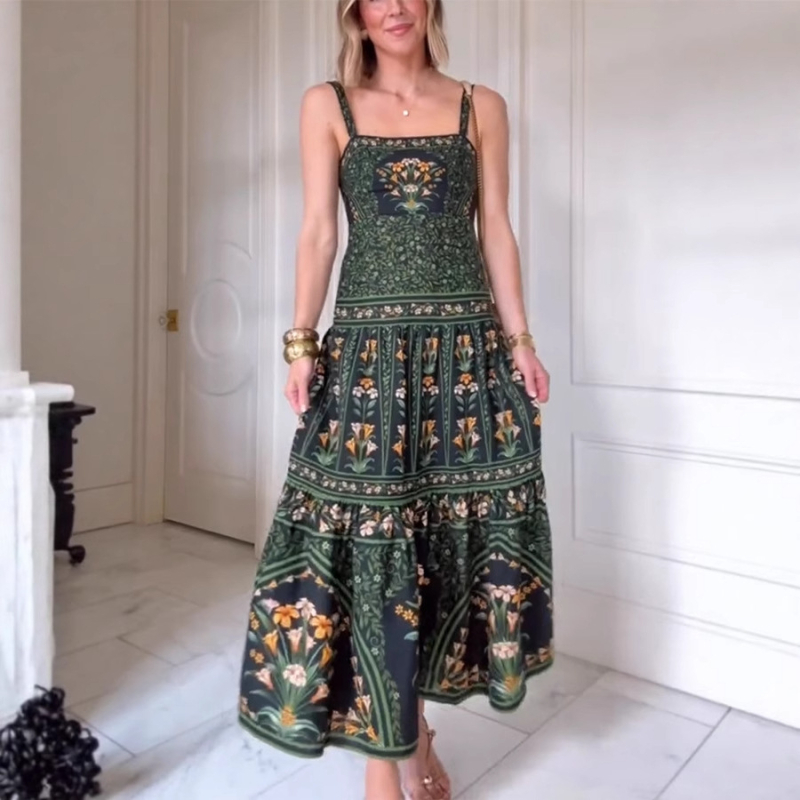 Ženska haljina s bretele - poliester, otisak, visoki struk, bez rukava, srednja duljina