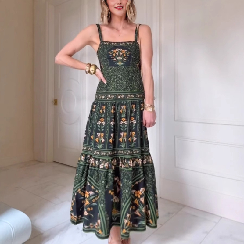 Ženska haljina s bretele - poliester, otisak, visoki struk, bez rukava, srednja duljina