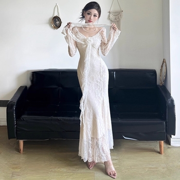 3D cvjetna jacquard haljina s dugim rukavima, V-izrez, visoki struk, poliester