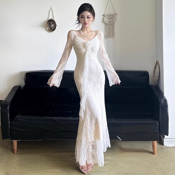 3D cvjetna jacquard haljina s dugim rukavima, V-izrez, visoki struk, poliester