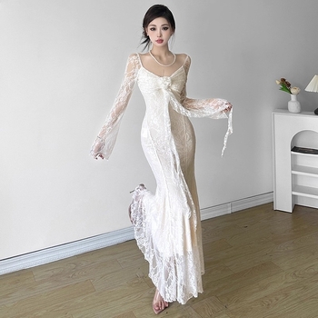 3D cvjetna jacquard haljina s dugim rukavima, V-izrez, visoki struk, poliester