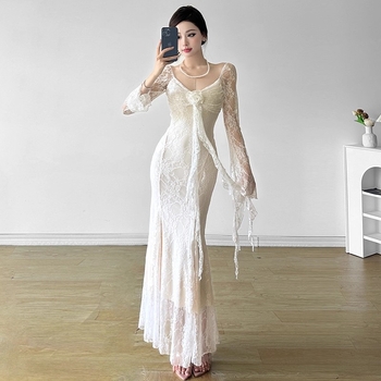 3D cvjetna jacquard haljina s dugim rukavima, V-izrez, visoki struk, poliester