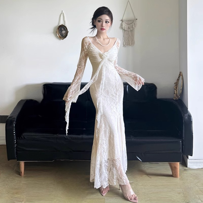 3D cvjetna jacquard haljina s dugim rukavima, V-izrez, visoki struk, poliester