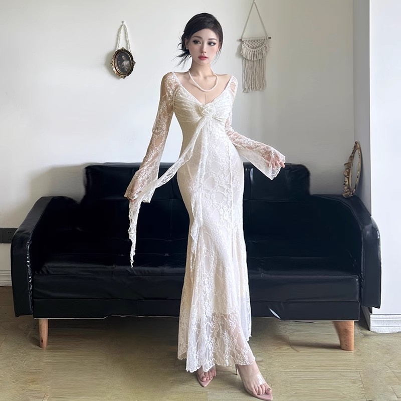 3D cvjetna jacquard haljina s dugim rukavima, V-izrez, visoki struk, poliester