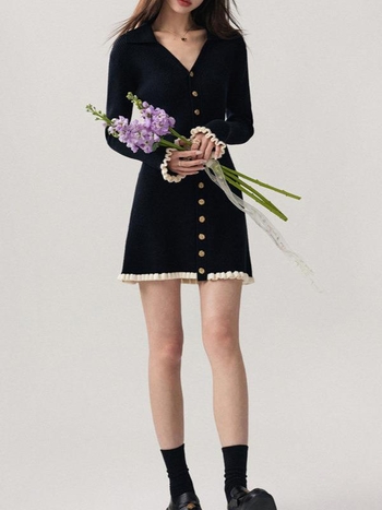 Pletena haljina s V izrezom, visokim strukom, A-kroj, dugi rukavi, pulover stil, sastav: viskoza 70-80% + poliester 20-30%