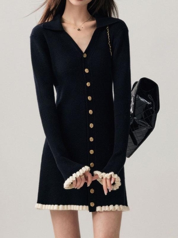 Pletena haljina s V izrezom, visokim strukom, A-kroj, dugi rukavi, pulover stil, sastav: viskoza 70-80% + poliester 20-30%