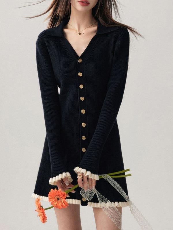 Pletena haljina s V izrezom, visokim strukom, A-kroj, dugi rukavi, pulover stil, sastav: viskoza 70-80% + poliester 20-30%