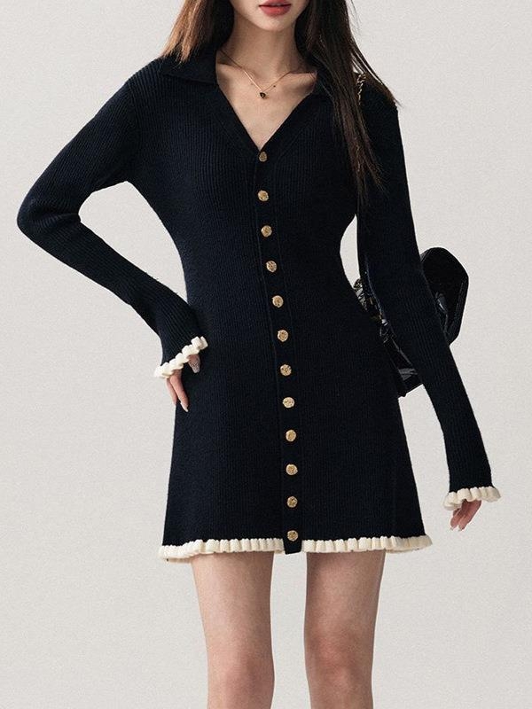 Pletena haljina s V izrezom, visokim strukom, A-kroj, dugi rukavi, pulover stil, sastav: viskoza 70-80% + poliester 20-30%