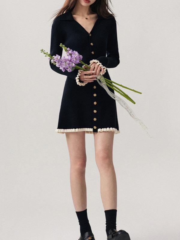 Pletena haljina s V izrezom, visokim strukom, A-kroj, dugi rukavi, pulover stil, sastav: viskoza 70-80% + poliester 20-30%