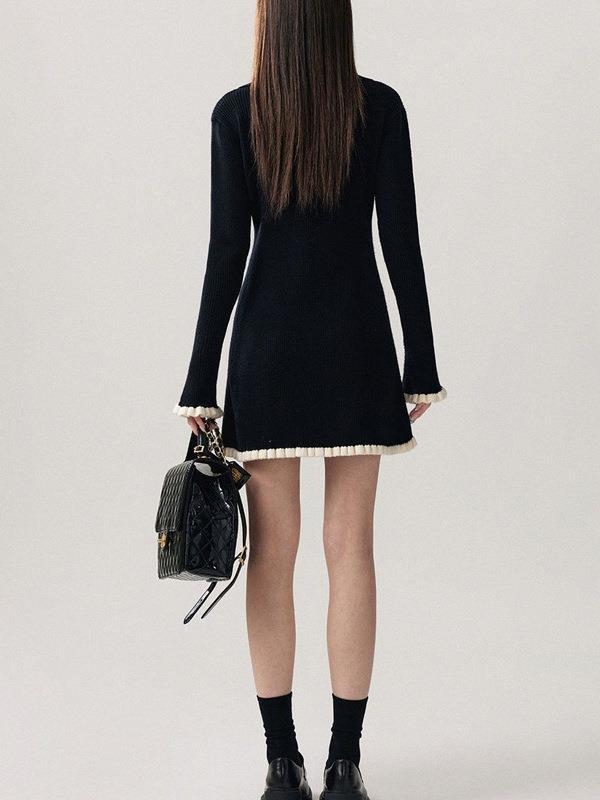 Pletena haljina s V izrezom, visokim strukom, A-kroj, dugi rukavi, pulover stil, sastav: viskoza 70-80% + poliester 20-30%