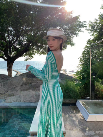 Bodycon haljina s prugama, dugi rukav, dugačka duljina, poliester