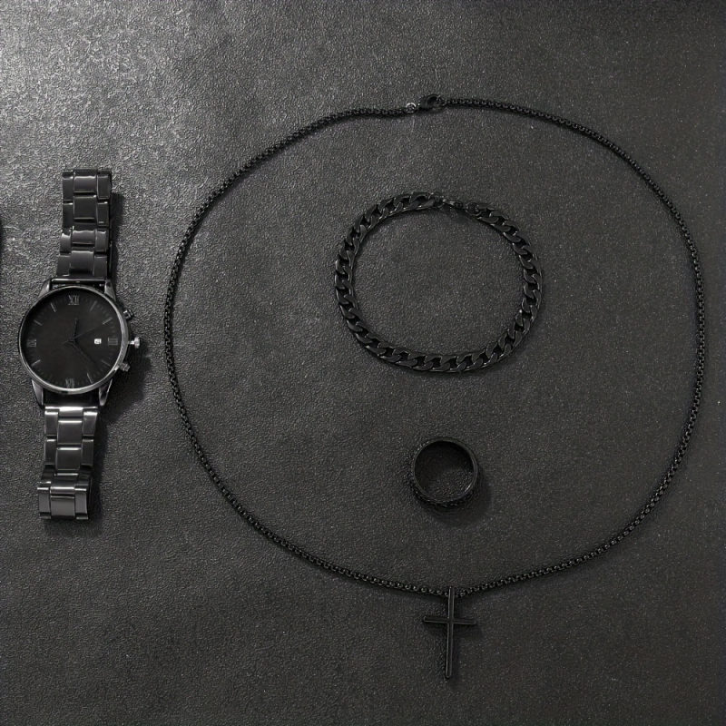 Muški kvarcni satovi set s rimskim brojevima — minimalistički dizajn, svjetsko vrijeme, ispisani logo, set od 4 komada, Pine mehanizam