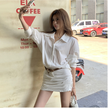 Haljina-košulja s remenom, spliced urbani stil, visok struk, dugi rukavi, tkanina od pamukasto‑mješavine