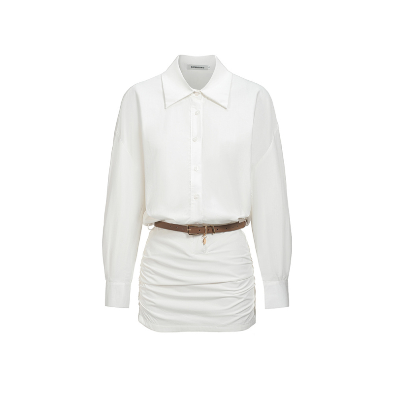 Haljina-košulja s remenom, spliced urbani stil, visok struk, dugi rukavi, tkanina od pamukasto‑mješavine