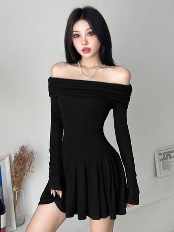 Haljina bez ramena, dugi rukavi, visok struk, plisirana kratka suknja; elastični poliester materijal; jesen 2024