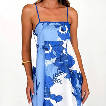 Haljina s cvjetnim uzorkom, Sling stil, poliester, duga A-linija, visok struk