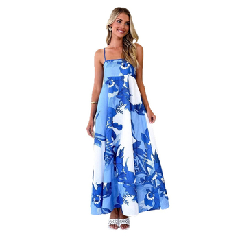 Haljina s cvjetnim uzorkom, Sling stil, poliester, duga A-linija, visok struk