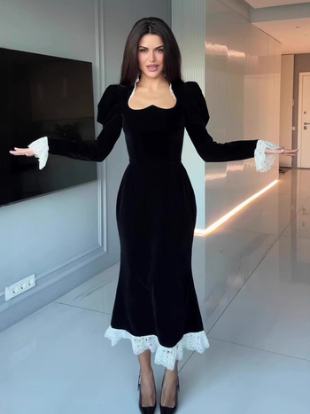 Baršunasta haljina s patchworkom, dugi rukavi, visoki struk, U-oblik vrata, zatvarač, poliester tkanina