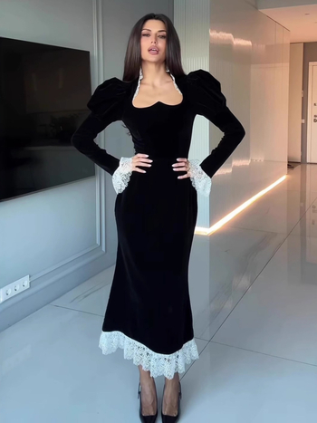 Baršunasta haljina s patchworkom, dugi rukavi, visoki struk, U-oblik vrata, zatvarač, poliester tkanina