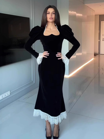 Baršunasta haljina s patchworkom, dugi rukavi, visoki struk, U-oblik vrata, zatvarač, poliester tkanina