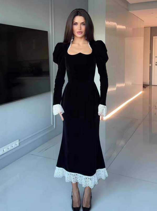 Baršunasta haljina s patchworkom, dugi rukavi, visoki struk, U-oblik vrata, zatvarač, poliester tkanina