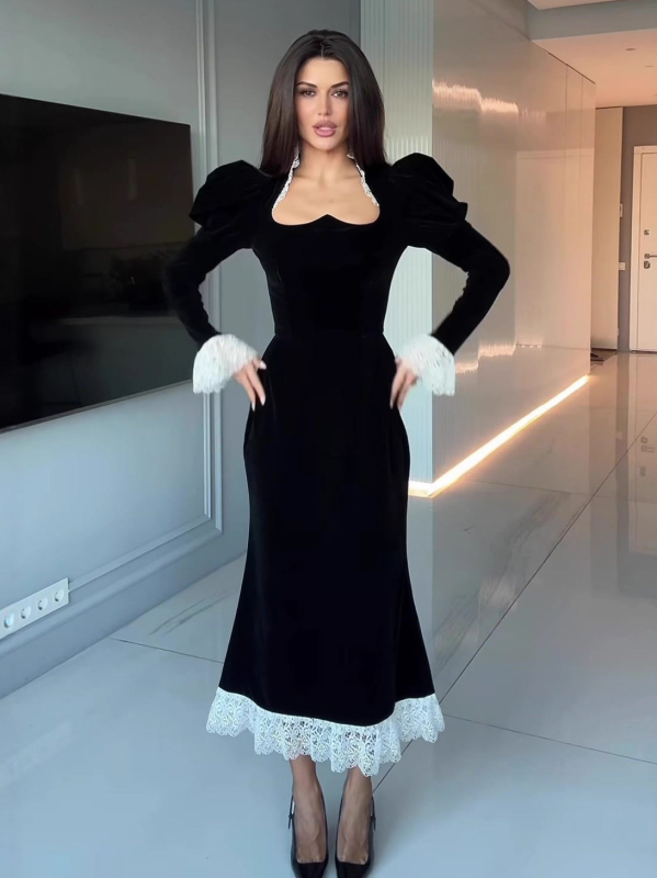 Baršunasta haljina s patchworkom, dugi rukavi, visoki struk, U-oblik vrata, zatvarač, poliester tkanina