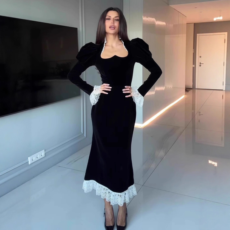 Baršunasta haljina s patchworkom, dugi rukavi, visoki struk, U-oblik vrata, zatvarač, poliester tkanina