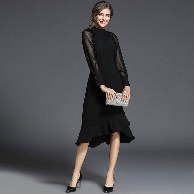 Haljina s fishtail krojem, V izrez, dugi rukavi, patchwork stil, smjesa poliestera i akrila