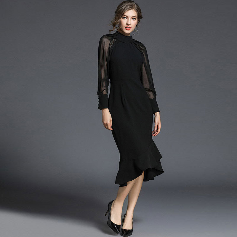 Haljina s fishtail krojem, V izrez, dugi rukavi, patchwork stil, smjesa poliestera i akrila