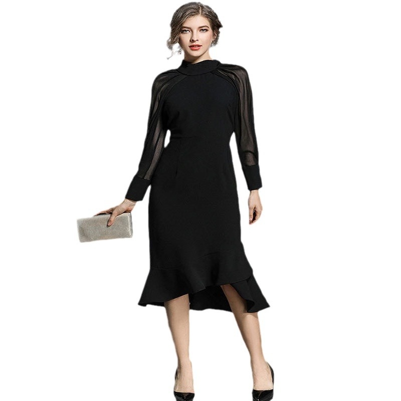 Haljina s fishtail krojem, V izrez, dugi rukavi, patchwork stil, smjesa poliestera i akrila