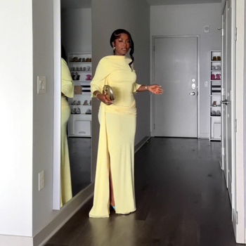 Elegantna haljina s jednim ramenom, otvorenim leđima, s rasjepom, duga A-linijska silueta, mješavina poliestera i elastana