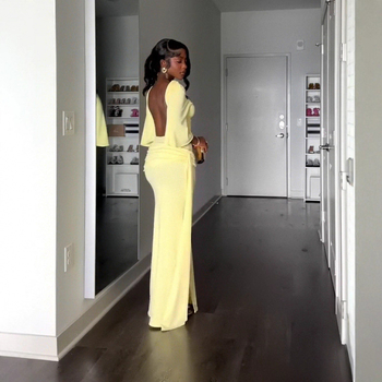 Elegantna haljina s jednim ramenom, otvorenim leđima, s rasjepom, duga A-linijska silueta, mješavina poliestera i elastana