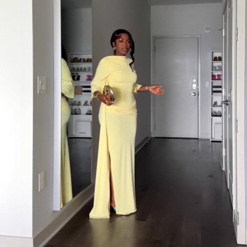 Elegantna haljina s jednim ramenom, otvorenim leđima, s rasjepom, duga A-linijska silueta, mješavina poliestera i elastana