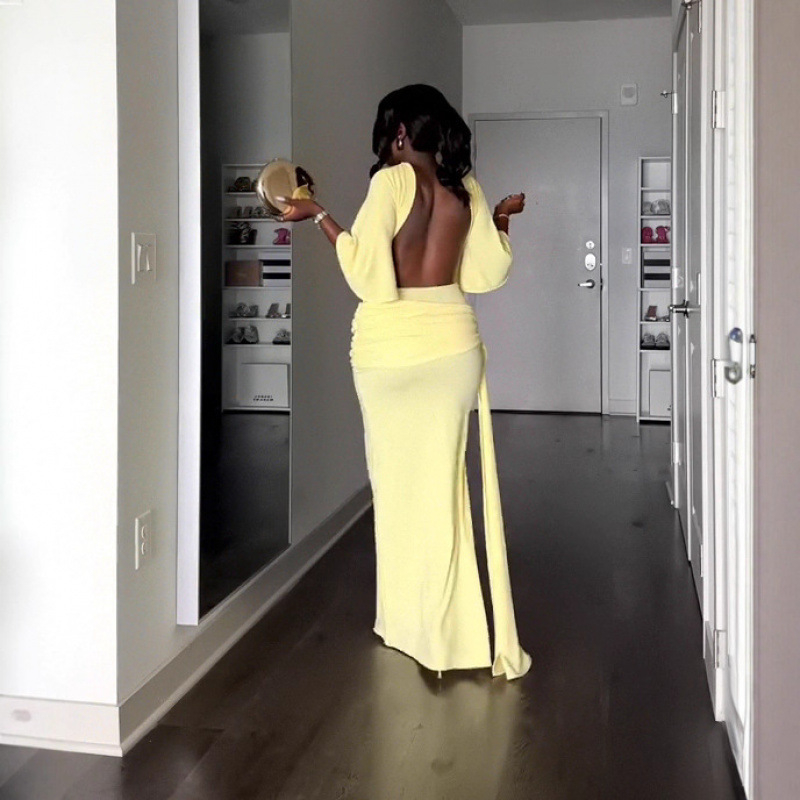 Elegantna haljina s jednim ramenom, otvorenim leđima, s rasjepom, duga A-linijska silueta, mješavina poliestera i elastana