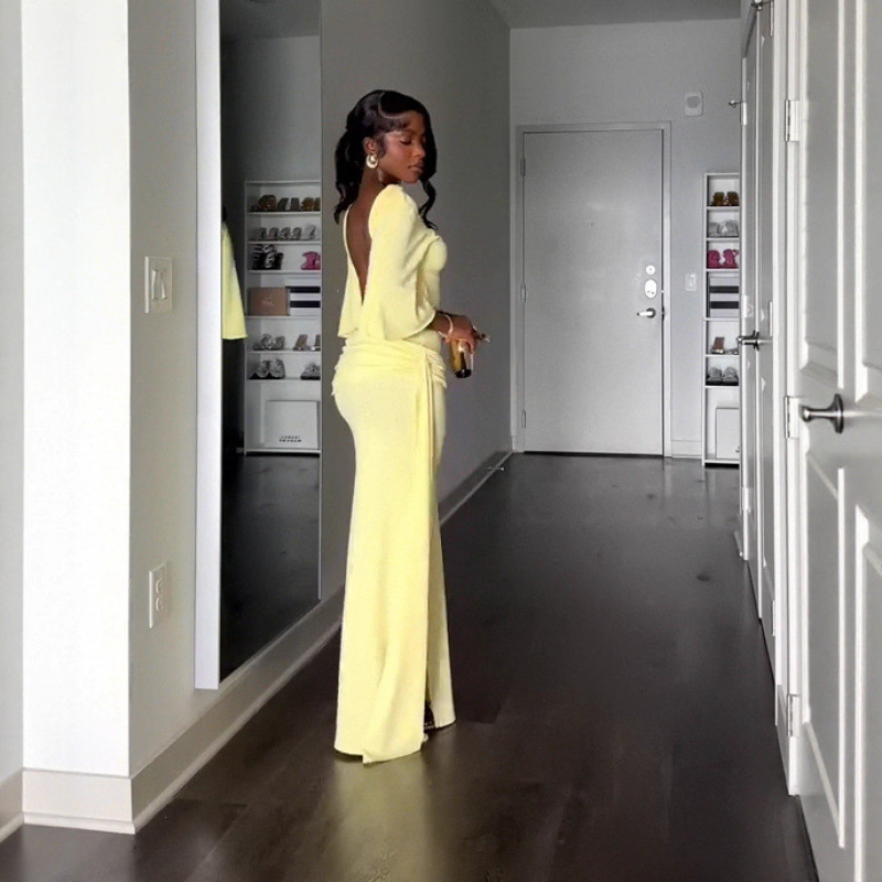 Elegantna haljina s jednim ramenom, otvorenim leđima, s rasjepom, duga A-linijska silueta, mješavina poliestera i elastana