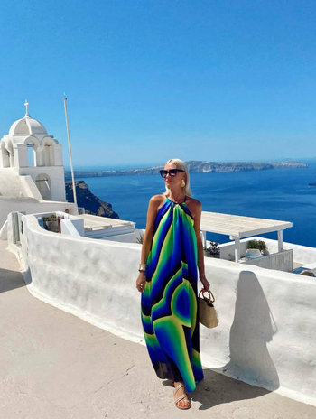 Duga haljina s geometrijskim printom, halterneck dekolte, bez rukava, A-linija, poliester