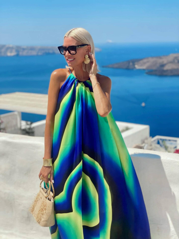 Duga haljina s geometrijskim printom, halterneck dekolte, bez rukava, A-linija, poliester