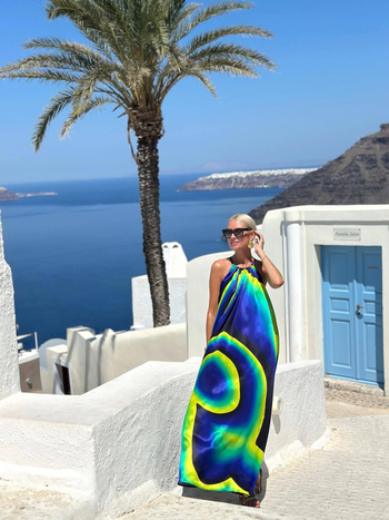 Duga haljina s geometrijskim printom, halterneck dekolte, bez rukava, A-linija, poliester